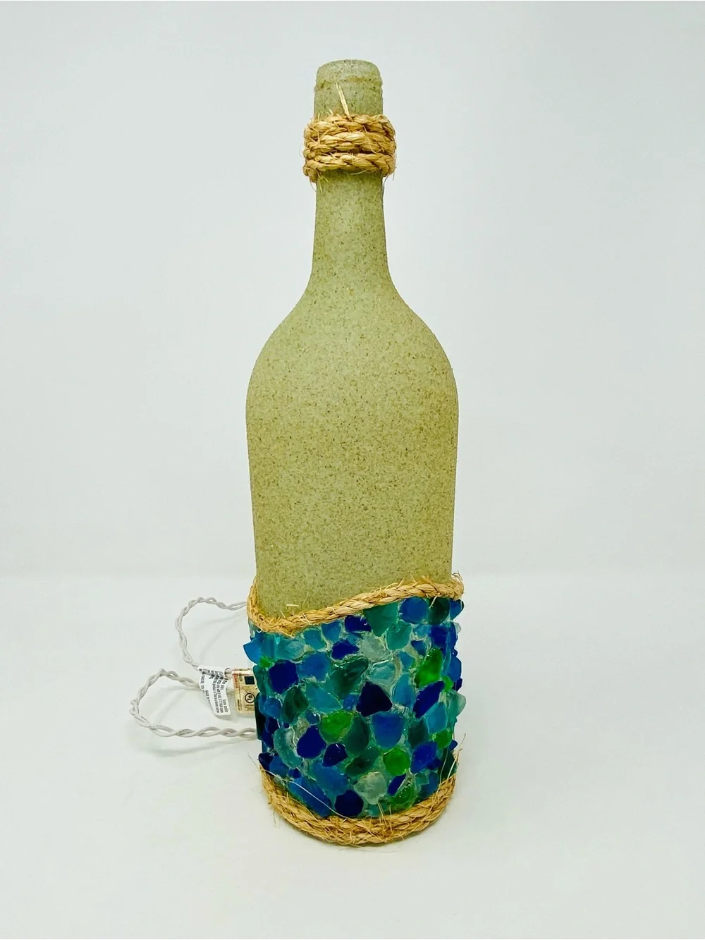 Handmade 1.5L Sand & Seaglass Light Up Coastal Decor with Rope Detail
